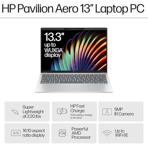 Image of HP Pavilion Aero 13 Laptop 2025 13.3 inch WUXGA 1920 x 1200 AMD Ryzen 7 8840U, 8-core, AMD Radeon Graphics, 16GB LPDDR5, 512GB SSD, Backlit KB, Wi-Fi 6E, Bluetooth 5.3, 5MP IR Camera, Windows 10 Home