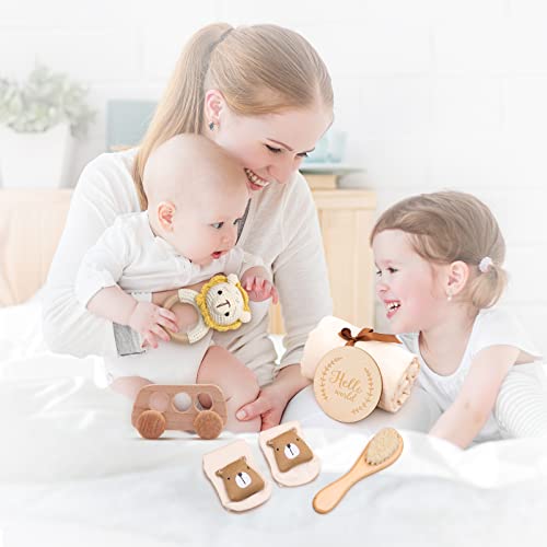 Image of New Born Baby Gift Basket, Baby Boys Girls Shower Gifts with Wooden Lion Rattle, 6PCs New Born Essentials Bath Set with Baby Brush,Blanket,Milestones Cards