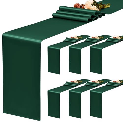 Paquete de 6 caminos de mesa de satén verde esmeralda, 12 x 72 pulgadas de largo, camino de mesa de seda para bodas, fiestas, cumpleaños, banquetes, decoración de mesa, color verde esmeralda