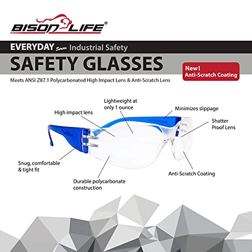Image of BISON LIFE Clear /Blue Safety Glasses for Men & Women, ANSI Z87.1, 12 Pack | Scratch & Impact Resistant Wraparound Safety Goggles, UV Protection Eyewear for Work, Construction, Lab, Industrial