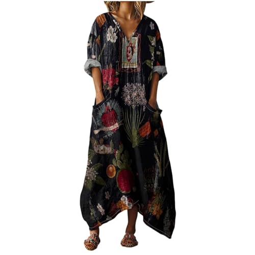 Vestido Maxi Bohemio Mujer Estilo Retro Hippie de Lino Suave, Cuello en V y Manga 3/4, Vestido Largo Estampado Étnico Geométrico para Primavera Verano, Tallas Grandes, Chic y Cómodo