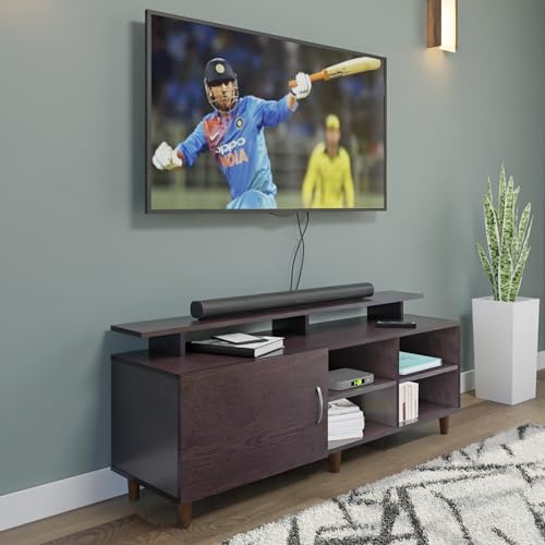 Image of VIKI Modern TV Unit for Living Room | Engineered Wood TV Cabinet with 1 Door Storage, 2 Open Shelves & Extension, Entertainment Unit, 140W x 48H x 40D cm | DIY | 1 Year Warranty (Wenge)