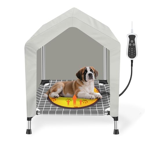 Heated Elevated Dog House for Small Dogs - with 9-Level Adjustable Heating Pad, Timer Function, Raised Off-Ground Design for Ventilation & Anti-Moisture, Keep Pets Warm in Winter Cold