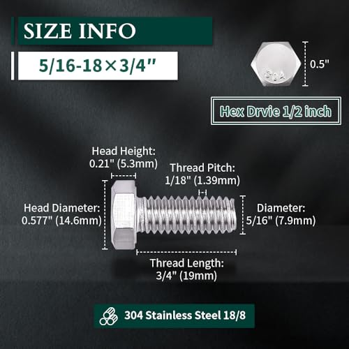 Image of 5 /16-18 x 3 /4 inch Hex Head Bolts Screws, 304 Stainless Steel 18-8, Fully Threaded, Hexagon Head Cap Bolts Screws, Coarse Thread UNC, 20 PCS