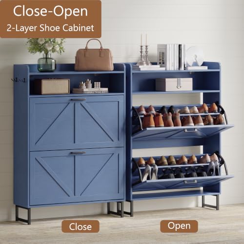 Image of Xixini Shoe Storage Cabinet with 2 Flip Drawers, Entryway Shoe Rack, Blue