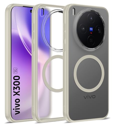 Image of Golden Sand Rugged Frosted MagSnap Back Cover Case for Vivo X300 5G | Compatible with MagSafe, Strong Magnets | Semi Transparent PC Shock Proof Slim TPU Case for Vivo X300 5G, (Mist Cream)