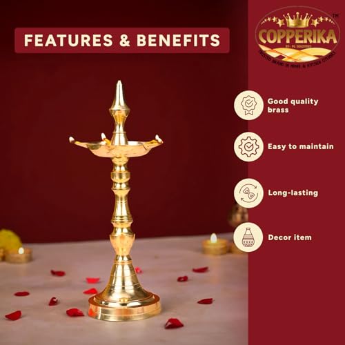 Image of Premium 100% Pure Brass Diya Kerala Samai 15 Inch (Set of 2) Pital Long Brass Diya Oil Lamp Deepam Lamp Kutthu vilakku Panchmahal Deepam for Pooja Mandir Diwali Puja Ganesh Chaturthi