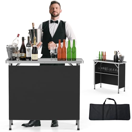 VINGLI Portable Bar Table, 2-Tier Shelves, Mobile Bar Table for Events, Party, Camping, Picnic, Tradeshow, Indoor with Black Skirt, 39 'L x 34' H