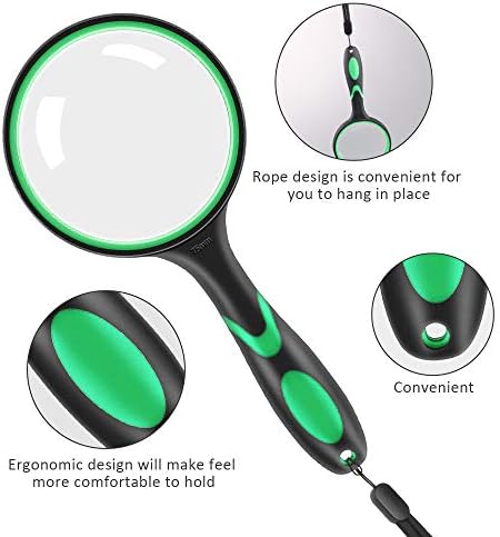 Vicloon Magnifying Glass 10X, Handheld Reading Magnifier Set with Hanging Rope and Rubber Handle, 75mm Magnifying Lens Handheld Magnifying Glass for Observation Reading Book Fault Finding Green
