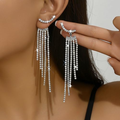 HUJUON Elegant Long Rhinestone Chain Earrings. Punk Double Strand Tassel Line Earrings Minimalism Crystal Drop Earrings for Women Wedding Jewelry (Style C Silver) by HUJUON - Used condition - Image 4