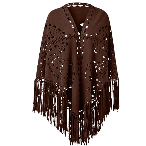 Western Poncho for Women Solid Color Shawl Suede Cloak Hollow Fringe Scarf Cut Out Fringed Shawl Wrap Cape
