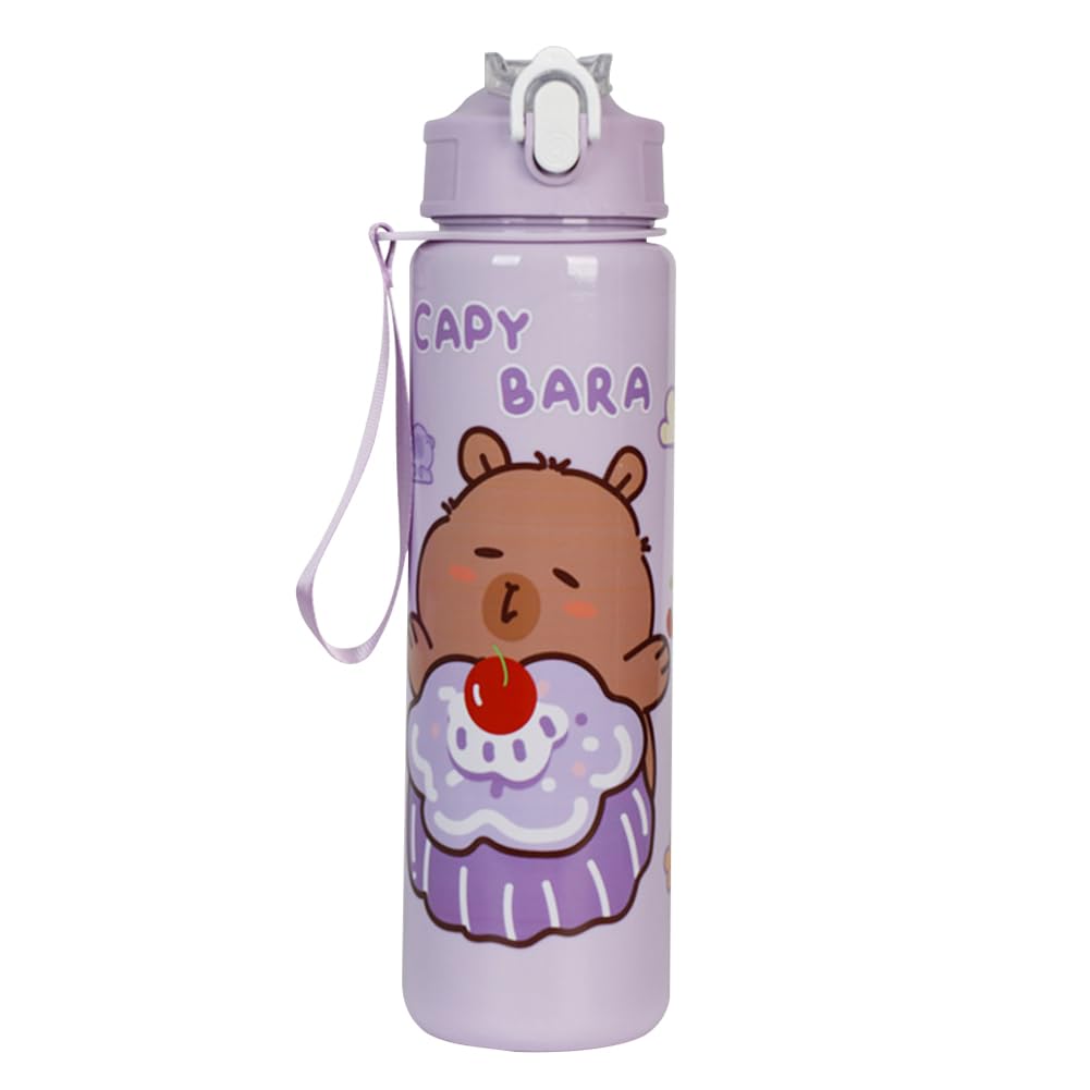 KOBONA 700ml Capybara Cute Water Cup with Straw & Handle Travel Water Bottle (Purple)