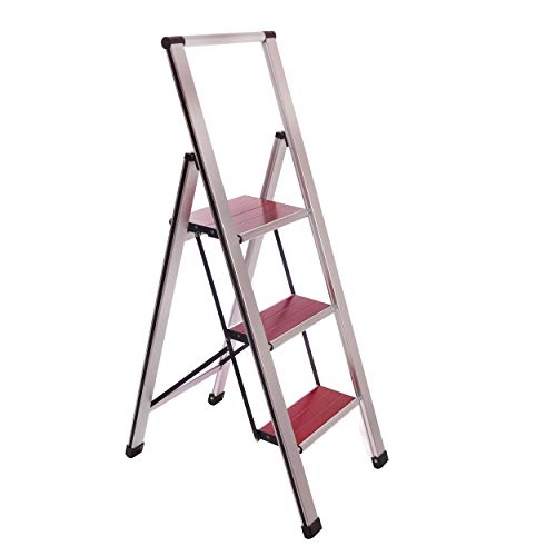 3.85' Brushed Aluminum/Wood Lightweight 3-Step Ladder
