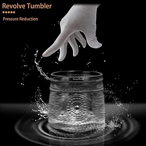 PrimeWorld Embossed Dancing Whiskey Glass Set of 2 Pcs with Rotable Bottom- Spining Glasses-170 ml Bar Glass for Drinking Bourbon, Whisky, Scotch, Cocktails, Cognac- Old Fashioned Tumblers