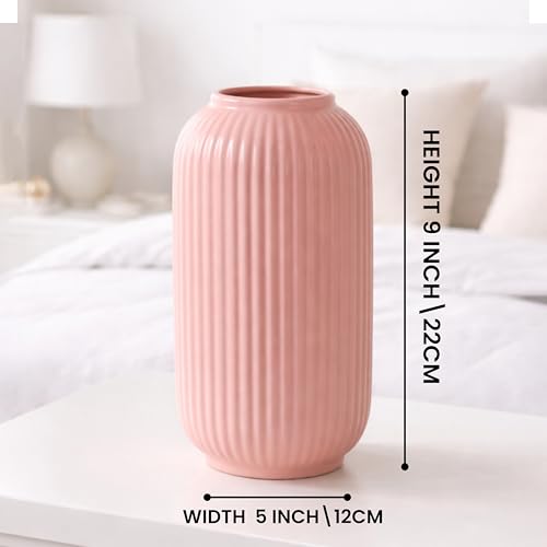 Image of Art Street Modern Ribbed Ceramic Flower Vase | Pink Decorative Boho Vase for Living Room, Bedroom & Office Dcor - (Flower not Included) 5x9 Inch