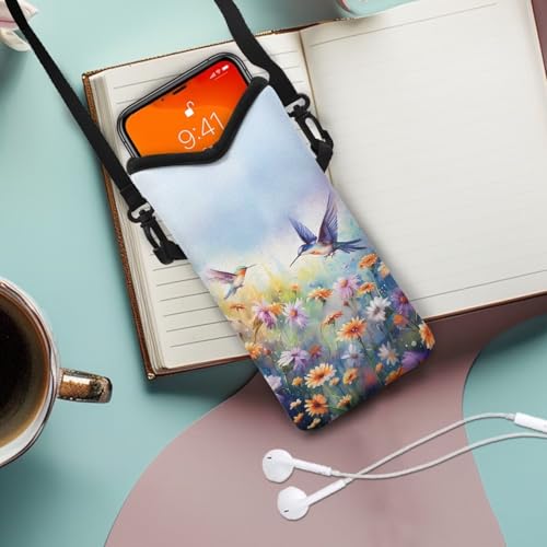 Image of Neoprene Crossbody Phone Bag Small Shoulder Bag Lightweight Travel Bag with Removable Adjustable Strap for Cellphone, Keys, Lipstick, Power Bank 8 x 4 inch, Hummingbird Daisy Flower