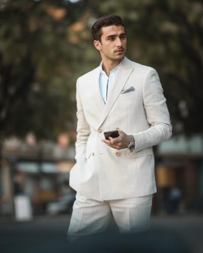 Linen Suits for Men 2 Piece Double Breasted 4 Button Tuxedos Casual Peak Lapel Blazer Pants for Business Wedding Party3