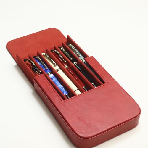 Image of 6Slots Leather Fountain Pen Case Collector Organizer - Handmade Pen Case Vintage Crazy Horse Print Leather Pen Protective Sleeve Cover Pen Storage Gift Box (6slot-Red)