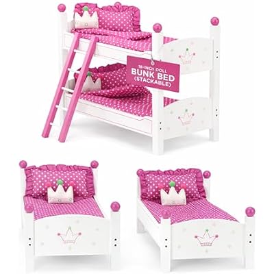 Emily Rose 18 Inch Doll Bunk Bed Set Stackable Twin Wooden Beds with Bedding, Ladder & Safety Knobs | Part of Wish Crown Furniture Collection | Fits American Girl Dolls | Ages 5+