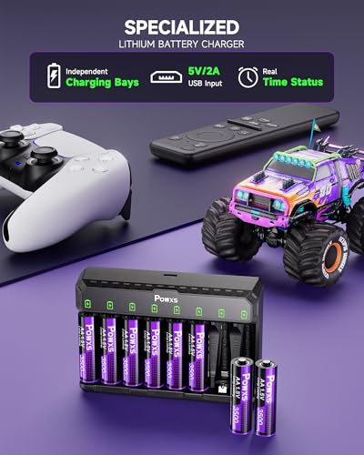 image for POWXS Rechargeable Lithium AA Batteries with Charger 8-Pack 3500mWh, 2