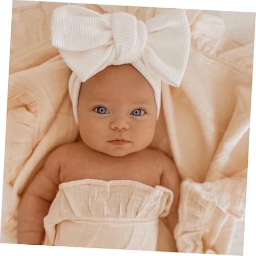 2Pcs Newborn Elastic Hair Bow Headband for Soft Waffle Knit Comfortable Hair Ornament in White and Beige Stylish and Gentle Skin2