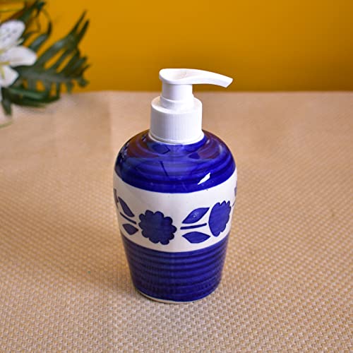Image of Ceramic Liquid Soap Dispenser, 350 ml, Blue Flower | Refillable Pump Bottle for Hand Wash, Lotion, Shampoo & Kitchen Use, 1 Piece