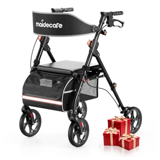 Rollator Walker with Seat and Wheels for Elderly, Folding 4 Wheels Rollators for Seniors and Disabled, Outdoor/Indoor Walker, 20cm All-Terrain Tires, 6-Level Height-Adjustable Handle, Aluminum, Black
