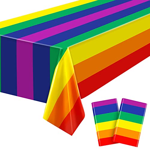 Fovths 2 Pack Pride Rainbow Stripe Plastic Tablecloth - 108 x 54 Inch Multi-Color Stripe Plastic Tablecover for Rectangular Tables - Rainbow Party Supplies Carnival Birthday