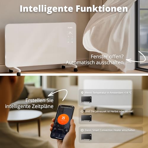 FlinQ Smart Konvektor Heizung 2000W- Glaskonvektor Mit App Steuerbar- Beheizt bis zu 60m3- Mobile Heizung Elektrisch- 96 x 46 x 13 cm- Weiß-4
