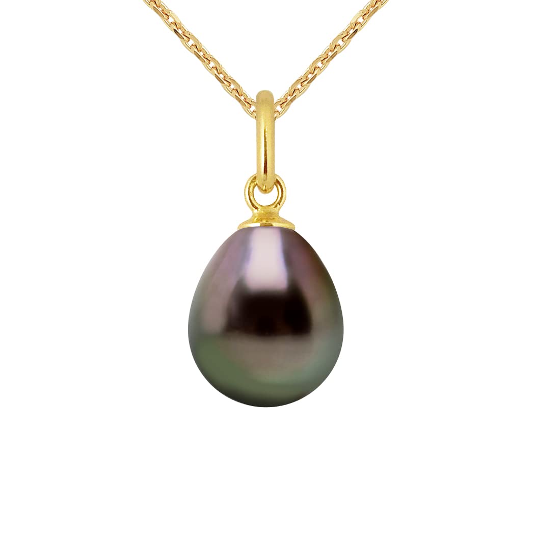 PEARLS & COLORS - Pendentif Fin Articulé Perle de Culture de Tahiti Poire 9-10 mm - Qualité A + - Disponible en Or Jaune & Or Blanc - Chaîne OFFERTE - Bijou Femme - Écrin Offert