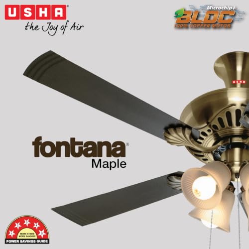 Image of USHA Fontana Maple 1250mm BLDC Ceiling Fan with Decorative Lights|BEE 5 Star Rated|100% Copper Motor|RF Remote, High Air Delivery|3Y Motor & 2Y PCB Warranty|(Antique Brass) Pack of 1|Free Installation