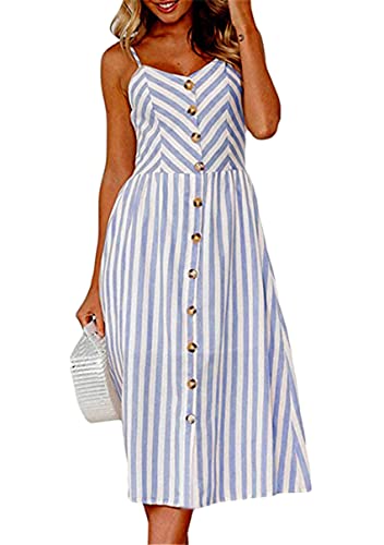 Image of YMING Womens Summer Spaghetti Strap Dresses Button Down Floral Sundress High Waist Swing Midi Dress with Pockets