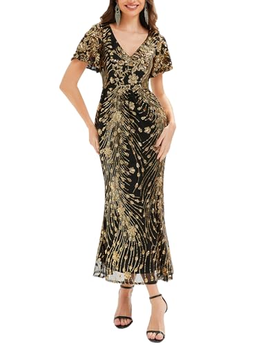 Ever-Pretty Robe de Soirée Femme en Paillettes Col V Élégants Volants aux Manches Or Noir 44