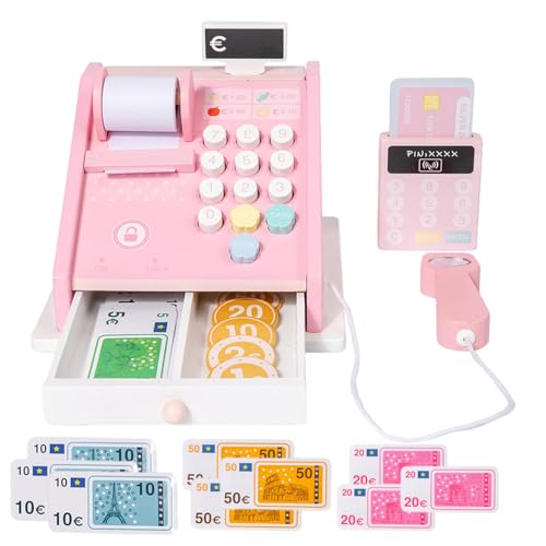 Wooden Cash Register Toy, Classic Cashier Role Play Supermarket Shopping Checkout Money Till Toy, Kids Cash Register Pretend Play Money Counting Toys, Classic Cashier Role Play Checkout Toy