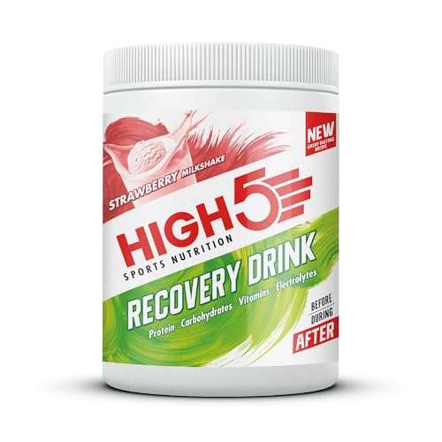 HIGH5 Recovery Drink – Carbohydrate and Whey Protein Powder (20g) for Muscle Recovery with Electrolytes Powder – Fast-Absorbing Post Workout Shake (Strawberry Milkshake, 450g – 9 Servings)