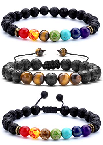 Hamoery Men Women 8Mm Lava Rock Chakra Beads Bracelet Set Gifts For Friends Braided Rope Natural Stone Yoga Bracelet #TOP25