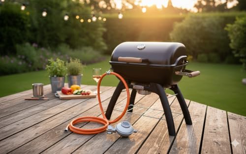 Gazcamp Flexibles Schlauch-Regler Set für Grills, Heizungen & Strahler an 3kg, 5kg, 11kg Propangasflaschen. 80cm Schlauchlänge, 50mbar Druck für optimale Leistung.