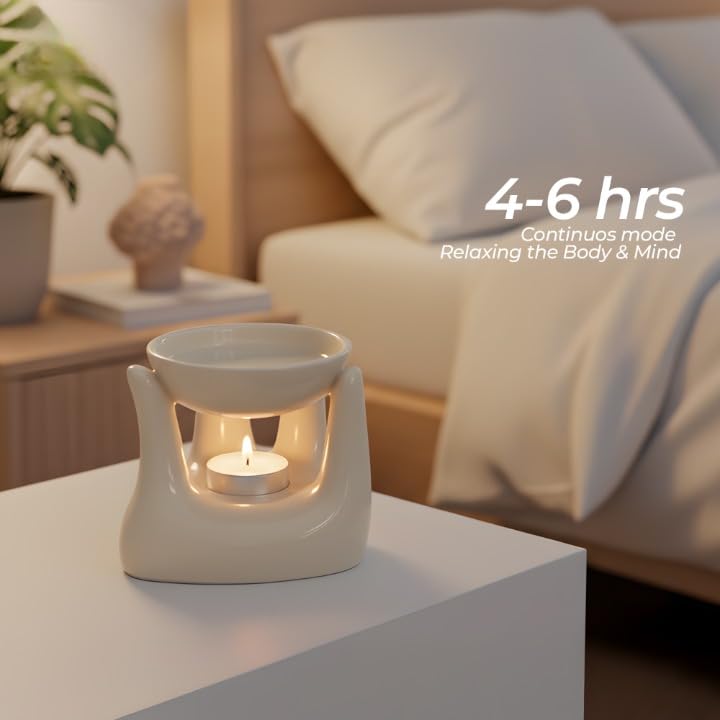 Dolloz Ceramic Aroma Oil Diffuser Burner for Home Fragrance | Hand Shaped Essential Oil Burner with Tealight Candle Holder | 90ml Capacity Aromatherapy Diffuser for Home Dcor & Relaxation (Cream) 3