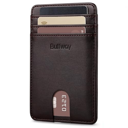 Image of Buffway Mens Slim Wallet, Minimalist Thin Front Pocket Leather Credit Card Holder with RFID Blocking for Work Travel | Minimalist