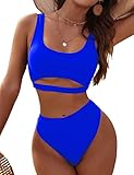 Blooming Jelly Women's High Waisted Bikini Sets High Cut Bathing Suits Two Piece Sporty Cut Out Swimsuits (XX-Large, Blue)