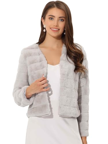 Allegra K Women's Faux Fur Coat Long Sleeve Cropped Fluffy Jacket Collarless Casual Winter Warm Outwear