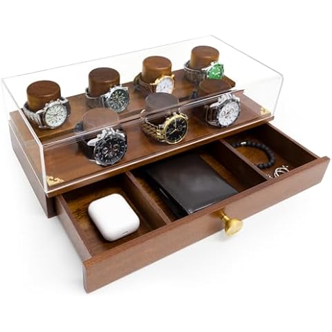 Iswabard Watch Display Case for Men Wooden Watch Stand 2-Tier Watch Display Case Watch Box for Men, Watch Display Stand with Drawer Watch Collection Storage Watch Holder Watch and Jewelry Organizer Cover
