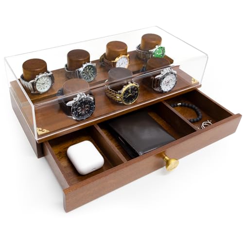 Iswabard Wooden Watch Holder Stand 2-Tier Watch Display Case Gift for Men Watch Holder Watch Organizer Watch Stand with Drawer Easy Access Watch Collection Storage Holder for Men