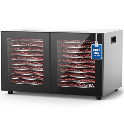 OSTBA Dual Zone Food Dehydrator, 20 Stainless Steel Trays, 1300W Dual Layer Food Dryer, 180℉ Adjustable Temp, 48H Digital Timer, 10 Presets for Jerky, Meat, Fruit, Herbs, Home & Commercial Use