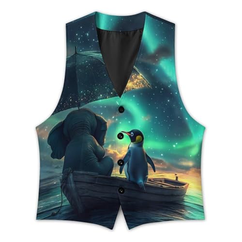 Northern Lights Elephant Penguin on Boat Mens Slim Fit Suit Vest Dress Waistcoat Casual Business Vest3