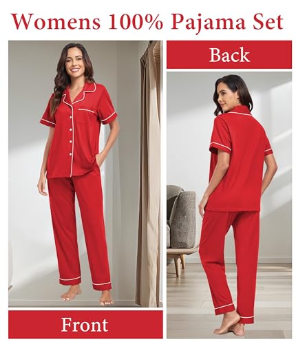 Image of CF Womens 100% Cotton Pajamas Set Button Down Pjs Sets Short Sleeve Top & Long Pants Sleepwear Comfy Loungewear with Pockets