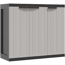 Gray and Black Outdoor Storage Cabinet with Two Height-Adjustable Shelves, Waterproof Polypropylene, Matte Finish, Black Hinged Doors with D-Pulls for Garden and Balcony