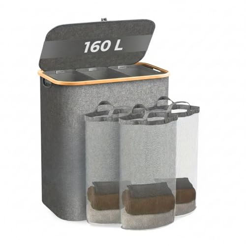Cesto Ropa Sucia 160L con Tapa y 3 Compartimentos. Cesta para Colada y Lavanderia Grande Plegable con Bolsa Interior Extraíble y Asas. Ideal para Baño, Dormitorio y Lavadero