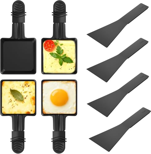 Yoassi Raclette Pfännchen 4 Stück Mini Pfännchen Ersatz für Raclette Antihaftbeschichtet Grill Pfännchen Zubehör mit 4 Nylon Schaufeln Spülmaschinenfest