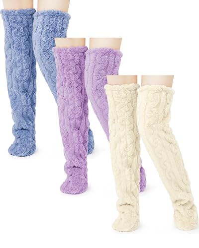 Image of Geyoga 3 Pairs Over Knee Fuzzy Socks High Fuzzy Leg Warmers Over Knee Plush Slipper Socks for Women Christmas Sleeping